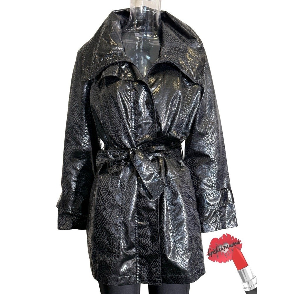 Chico's‎ Jacket Womens Size 2 Black Faux Choc Embossed Shiny Belted